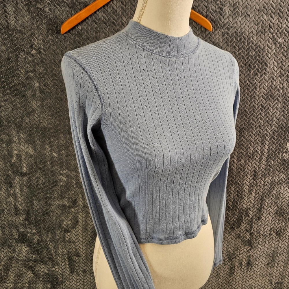 American Eagle Mock Neck Ribbed Cropped Long Sleeve Top Light Blue S P